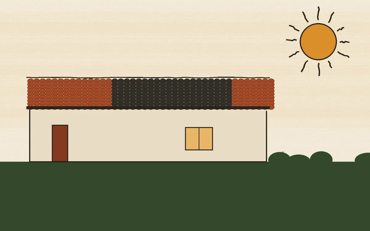 Hand-drawn style illustration of a low stucco house with a terracotta barrel-tile roof and a field of dark solar tiles, under a bleached sky